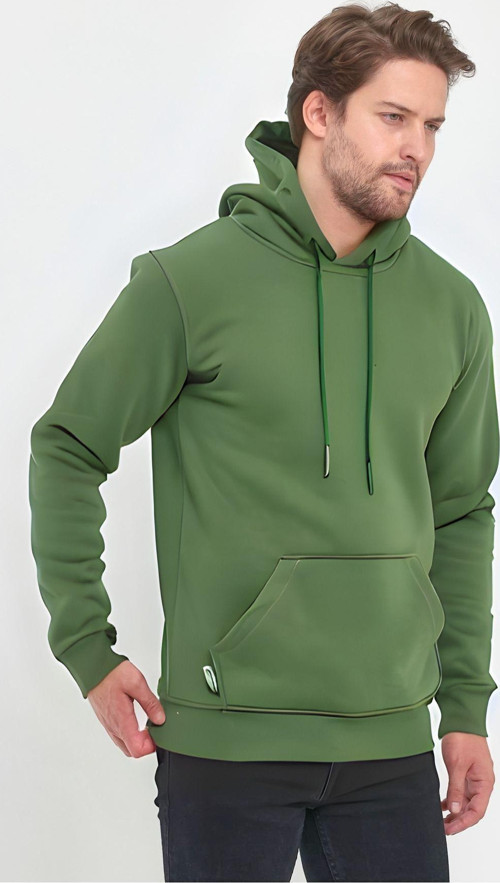 Erkek Kapşonlu Kanguru Cepli 3 İplik Kalın Sweatshirt