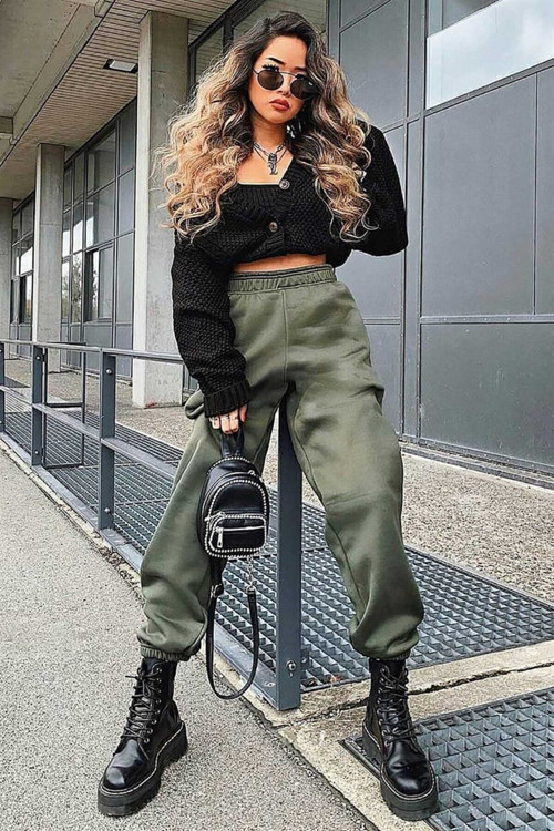 Kadın Haki Jogger Eşofman Altı Kalın İçi Polarlı Yüksek Bel Paçası Lastikli Sweatpants