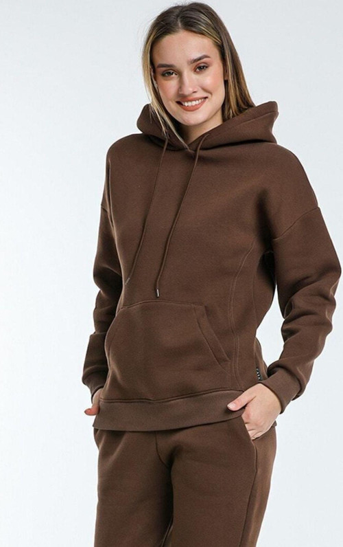 Kadın 3 İplik Kapşonlu Kanguru Cep İçi Puf Sweatshirt
