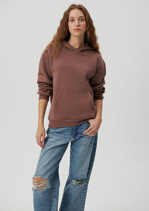Kadın Kapşonlu Kanguru Cepli 3 İplik Oversize Sweatshirt