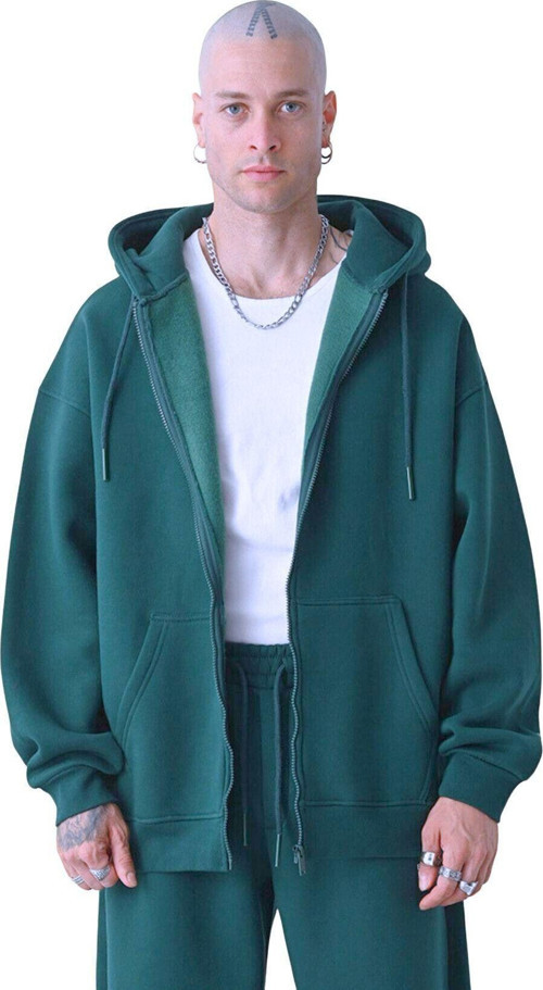 Erkek Basic Yeşil Unisex Tam Fermuar Sweatshirt Hırka