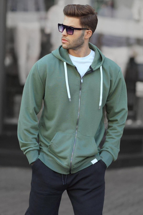 Yeşil Fermuarlı Kapüşonlu Erkek Sweatshirt