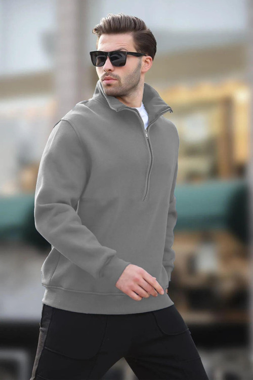 Erkek Yarım Fermuarlı Dik Yaka Oversize 3 İplik Şardonlu Sweatshirt