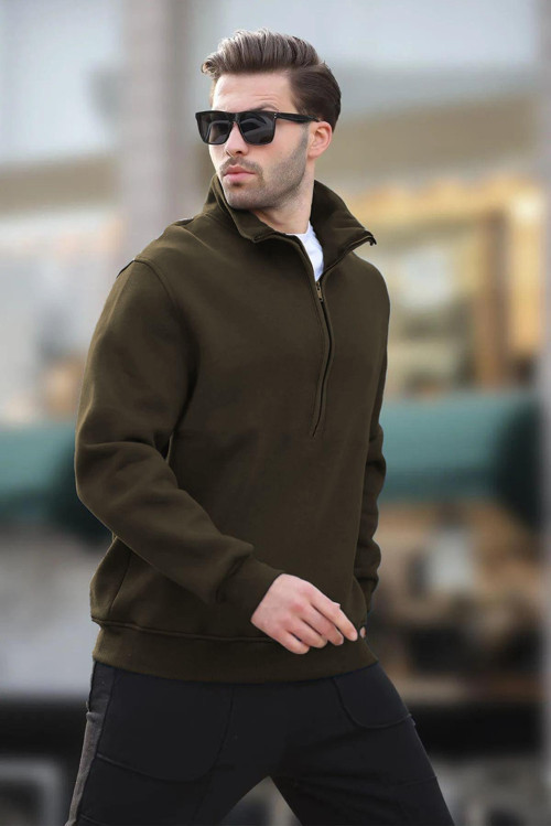 Erkek Yarım Fermuarlı Dik Yaka Oversize 3 İplik Şardonlu Sweatshirt