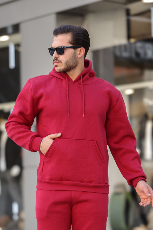 Erkek Bol Kesim Oversize 3 İplik İçi Pamuklu Şardonlu Kanguru Cep Kapşonlu Kışlık Hoodie Sweatshirt