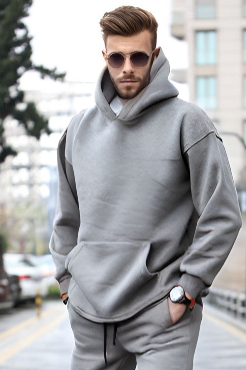 Erkek 3 İplik Kapşonlu Yaka Kalın Sweatshirt Pamuklu