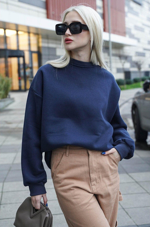 Kadın Bisiklet Yaka Sweatshirt 3 İplik Şardonlu
