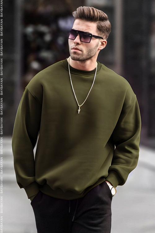 Erkek Haki Oversize Fit Normal Kesim 3 Iplik Pamuklu Bisiklet Yaka Sweatshirt