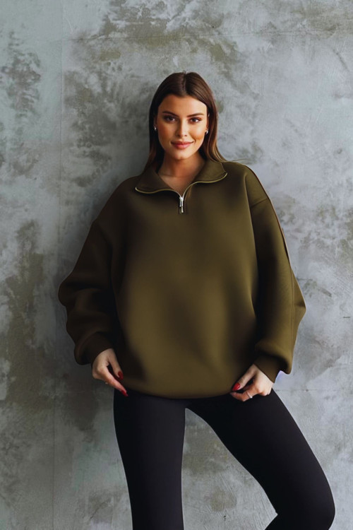 Unisex 3 İplik Oversize Şardonlu Yarım Fermuarlı Swetshirt