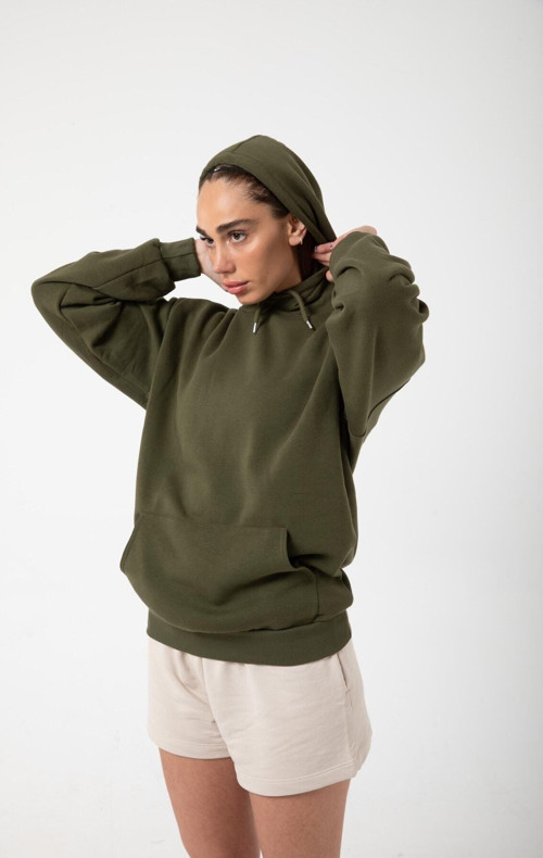 Kadın Haki İçi Polar Sweatshirt Kapşonlu Cepli Günlük Stil Oversize Hoodie