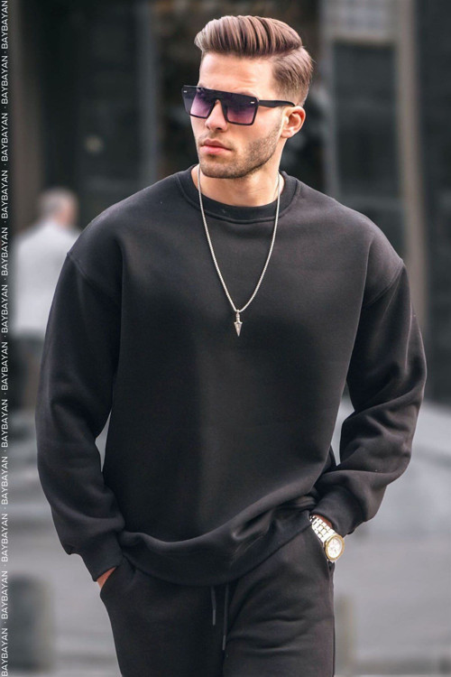 Erkek Siyah Oversize Fit Normal Kesim 3 İplik Pamuklu Bisiklet Yaka Sweatshirt
