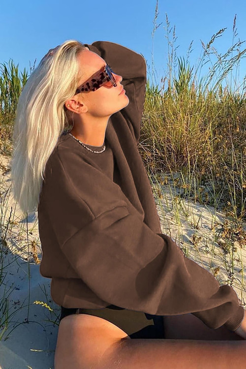 Kadın Kahverengi Basic Uzun Kollu Bisiklet Yaka Oversize Sweatshirt