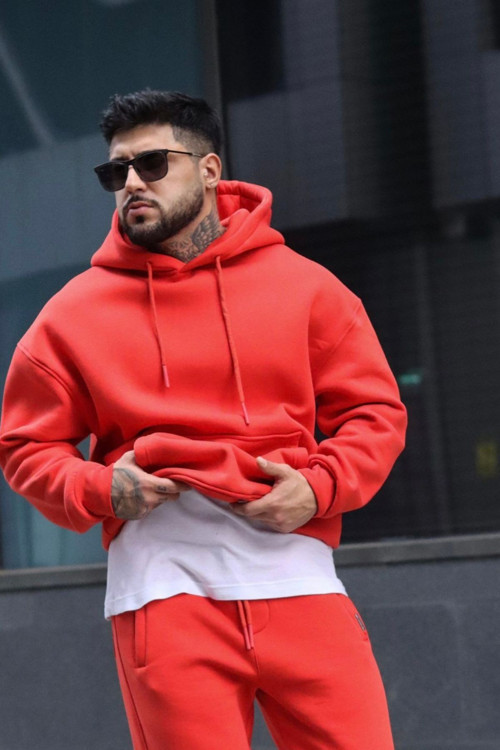 Erkek Oversize 3 İplik Pamuklu Şardonlu Kanguru Cep Kapşonlu Kalın Hoodie Sweatshirt