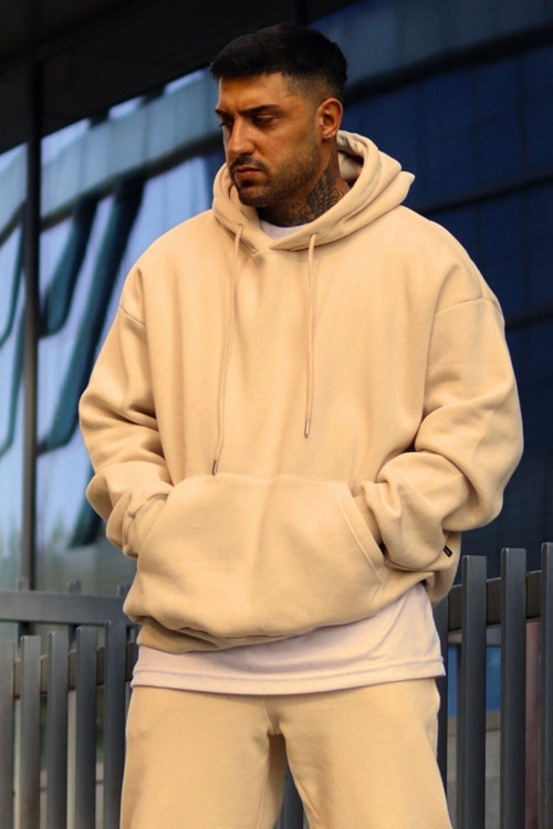 Erkek Oversize 3 İplik Pamuklu Şardonlu Kanguru Cep Kapşonlu Kalın Hoodie Sweatshirt