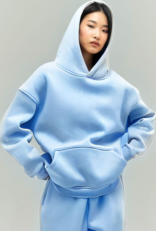 Kadın Rahat Oversize 3 İplik Pamuklu Şardonlu Kanguru Cep Kapşonlu Sweatshirt