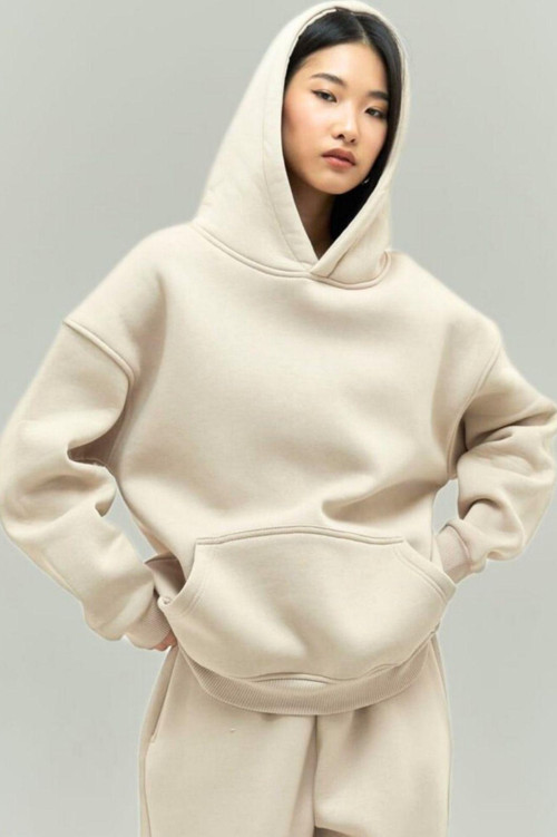 Kadın Rahat Oversize 3 İplik Pamuklu Şardonlu Kanguru Cep Kapşonlu Sweatshirt