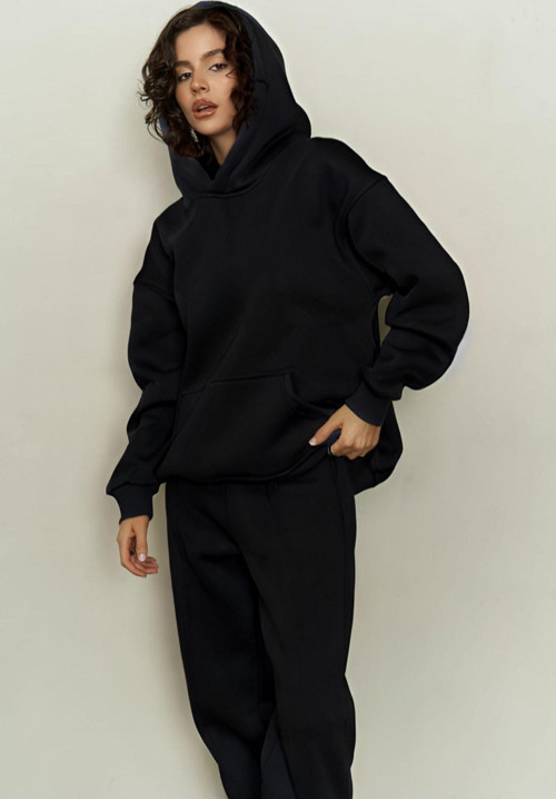 Kadın Siyah Kapşonlu Hoodie Spor Eşofman Takımı
