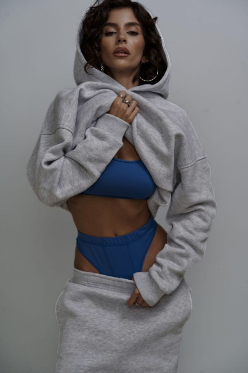 Kadın Eşofman Takımı Sweatshirt Jogger Gri Oversize Şardonlu Kapüşonlu
