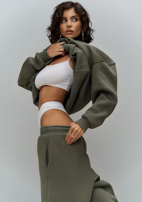 Kadın Eşofman Takımı Sweatshirt Jogger Haki Oversize Şardonlu Kapüşonlu