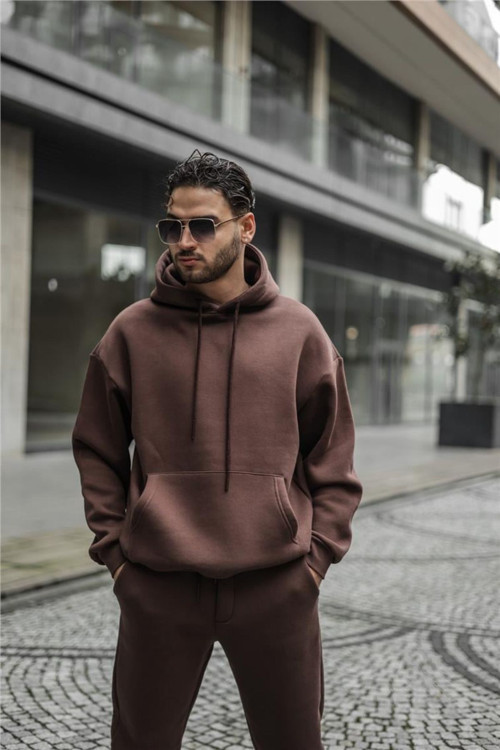Erkek 3 İplik Kapşonlu Kanguru Cep 3 İplik Sweatshirt