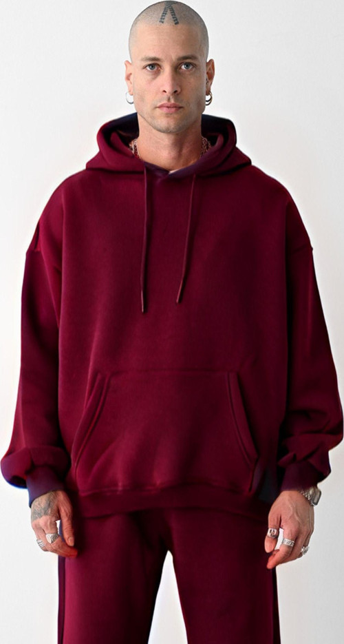 Erkek Bol Kesim Oversize 3 Iplik Içi Pamuklu Şardonlu Kanguru Cep Kapşonlu Kışlık Hoodie Sweatshirt