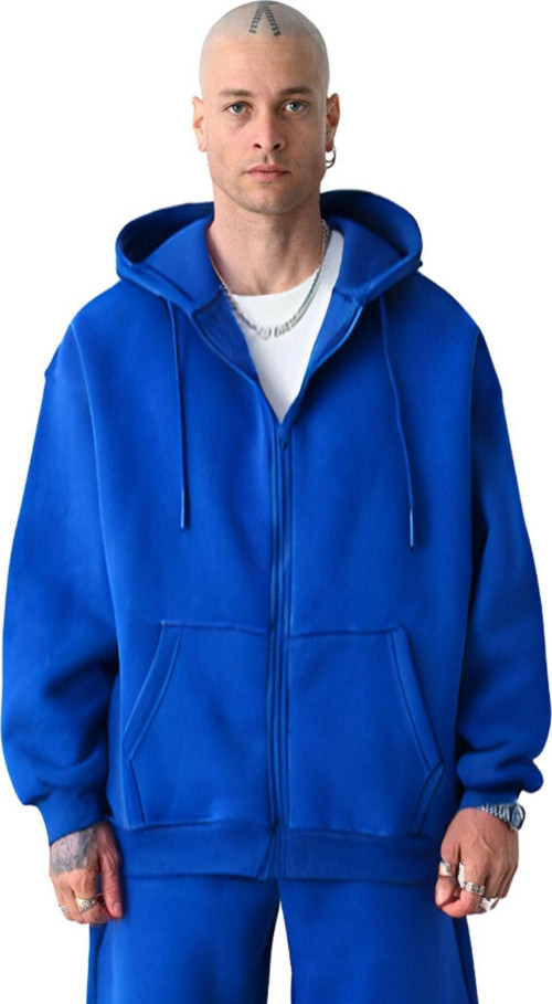 Erkek Basic Saks Mavi Unisex Tam Fermuar Sweatshirt Hırka