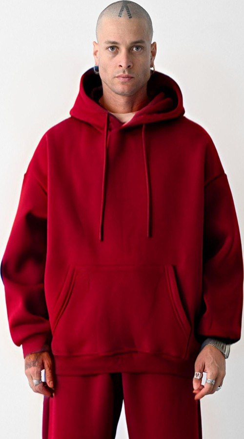 Erkek Bol Kesim Oversize 3 Iplik Içi Pamuklu Şardonlu Kanguru Cep Kapşonlu Kışlık Hoodie Sweatshirt