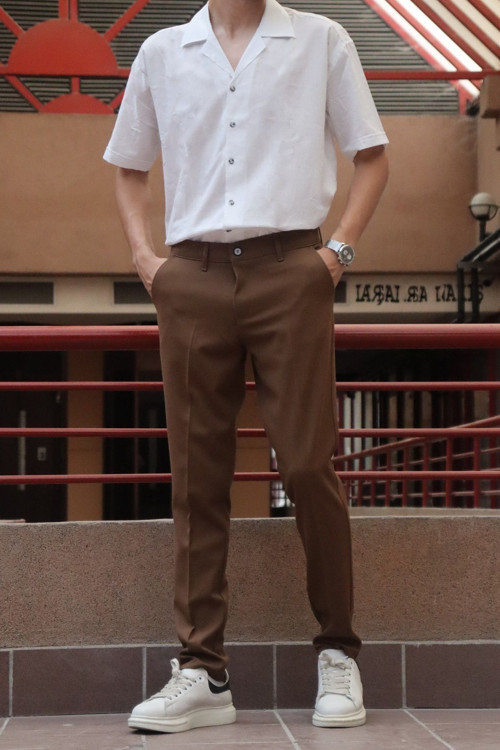 Erkek Kahverengi Italyan Tarz Esnek Likralı Bilek Boy Kumaş Pantolon