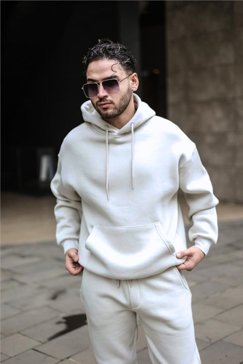 Erkek 3 İplik Kapşonlu Kanguru Cep 3 İplik Sweatshirt