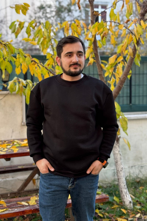 Erkek Siyah Bisiklet Yaka Içi Polarlı 3 Iplik Pamuklu Regular Fit Unisex Sweatshirt