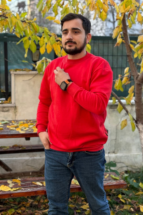 Erkek Kırmızı Bisiklet Yaka Içi Polarlı 3 Iplik Pamuklu Regular Fit Unisex Sweatshirt