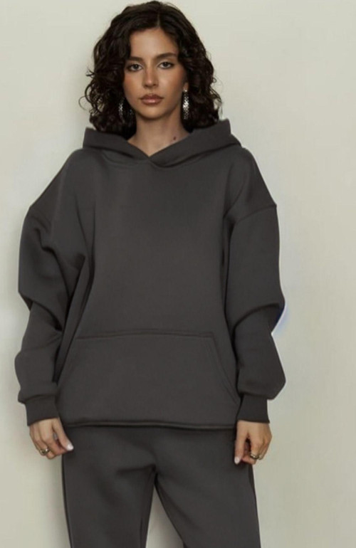 Kadın Rahat Kesim Oversize 3 İplik Pamuklu Şardonlu Kanguru Cep Kapşonlu Hoodie Sweatshirt
