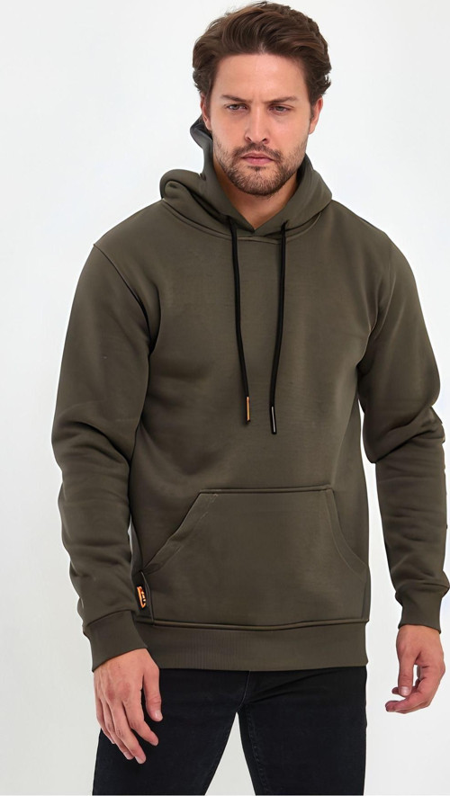 Unisex Basic Haki Hoodie 3 İplik Oversize Kapüşonlu Kangru Cepli Sweatshirt