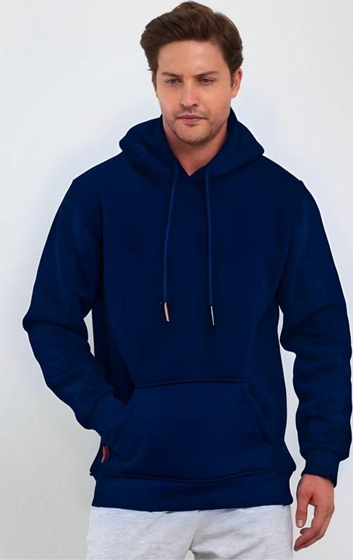 Unisex Basic Lacivert Hoodie 3 İplik Oversize Kapüşonlu Kangru Cepli Sweatshirt