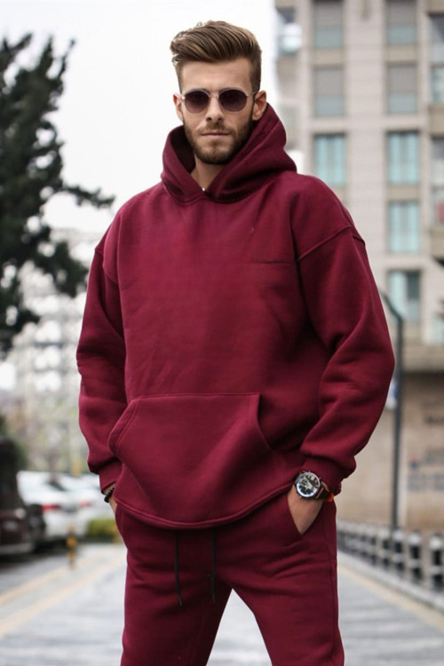 Erkek 3 İplik Kapşonlu Yaka Kalın Sweatshirt Pamuklu