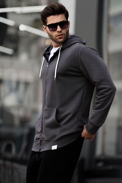 Füme Fermuarlı Kapüşonlu Erkek Sweatshirt