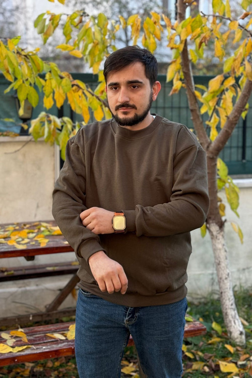 Erkek Haki Bisiklet Yaka Içi Polarlı 3 Iplik Pamuklu Regular Fit Unisex Sweatshirt