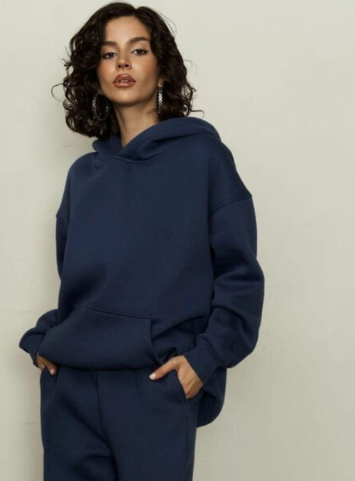 Kadın Rahat Kesim Oversize 3 İplik Pamuklu Şardonlu Kanguru Cep Kapşonlu Hoodie Sweatshirt