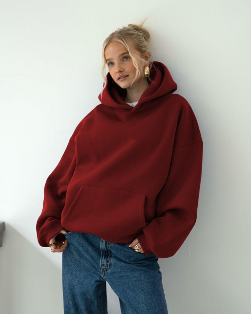 Oversize Kapşonlu Basic Baskısız Okul Sweatshirt
