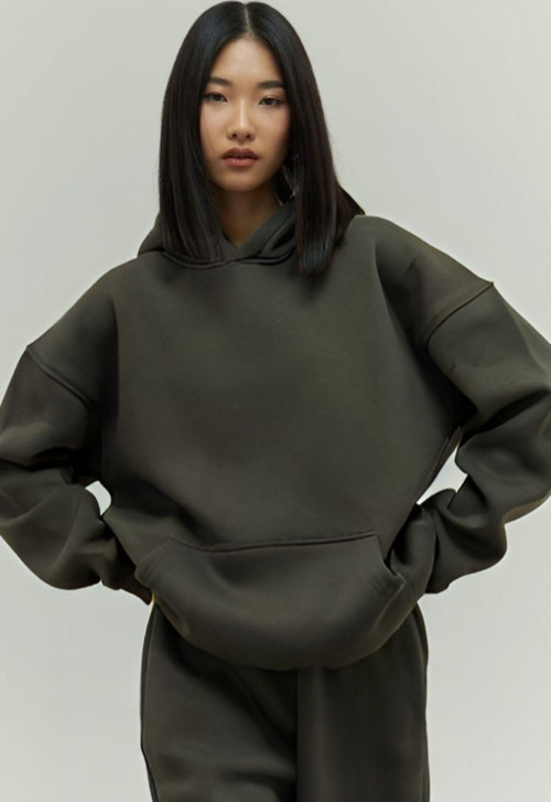 Kadın Rahat Oversize 3 İplik Pamuklu Şardonlu Kanguru Cep Kapşonlu Sweatshirt