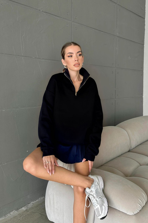Unisex 3 İplik Şardonlu Oversize Yarım Fermuarlı Sweatshirt