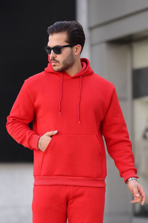 Erkek Bol Kesim Oversize 3 İplik İçi Pamuklu Şardonlu Kanguru Cep Kapşonlu Kışlık Hoodie Sweatshirt