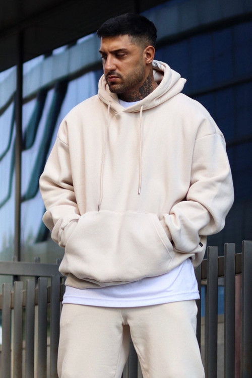 Erkek Oversize 3 İplik Pamuklu Şardonlu Kanguru Cep Kapşonlu Kalın Hoodie Sweatshirt