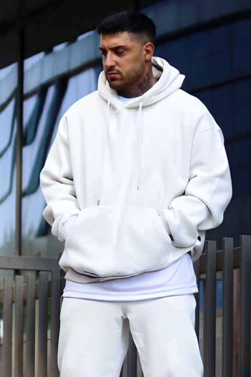 Erkek Oversize 3 İplik Pamuklu Şardonlu Kanguru Cep Kapşonlu Kalın Hoodie Sweatshirt