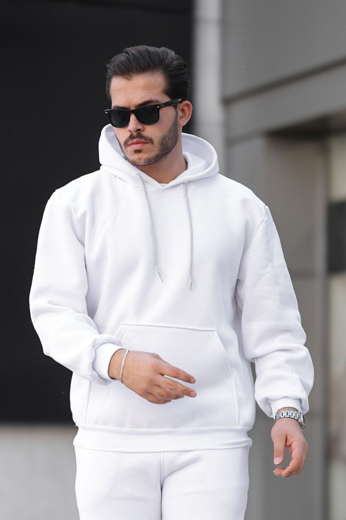 Erkek Bol Kesim Oversize 3 İplik İçi Pamuklu Şardonlu Kanguru Cep Kapşonlu Kışlık Hoodie Sweatshirt