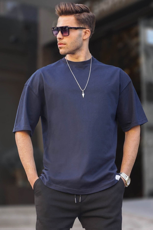 Erkek Lacivert Batik Oversize Basic Pamuklu Kısa Kollu T-Shirt