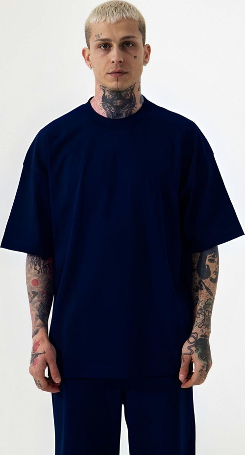 Unisex Lacivert Batik %100 Pamuk Oversize Erkek T-Shirt Bisiklet Yaka Kısa Kollu Tişört