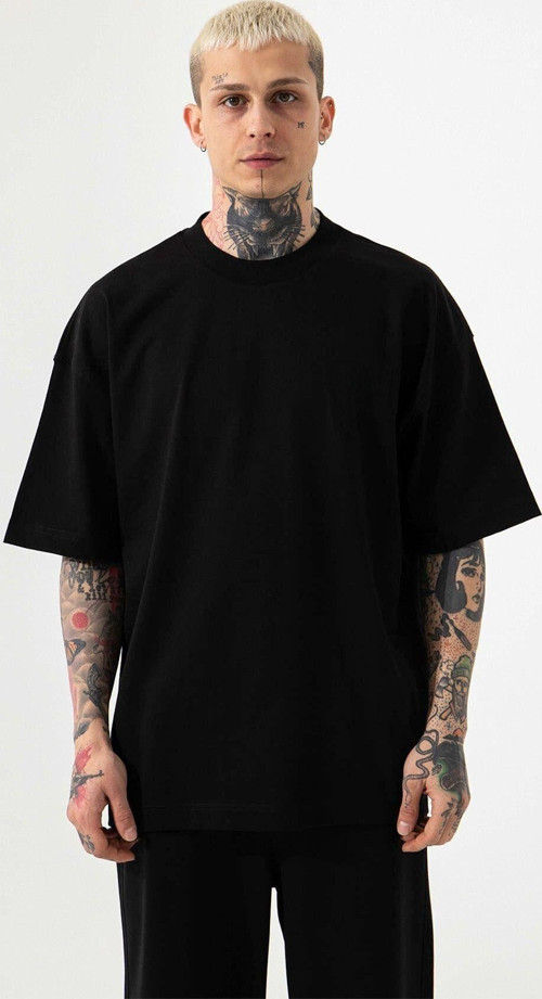 Unisex Siyah %100 Pamuk Oversize Erkek T-Shirt Bisiklet Yaka Kısa Kollu Tişört
