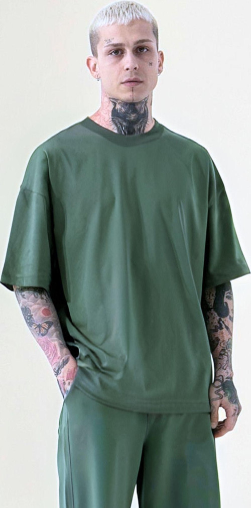 Unisex Yeşil %100 Pamuk Oversize Erkek T-Shirt Bisiklet Yaka Kısa Kollu Tişört