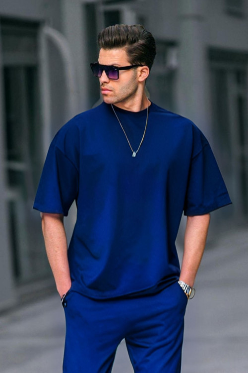 Erkek Lacivert Batik Oversize Penye Nefes Alan T-Shirt